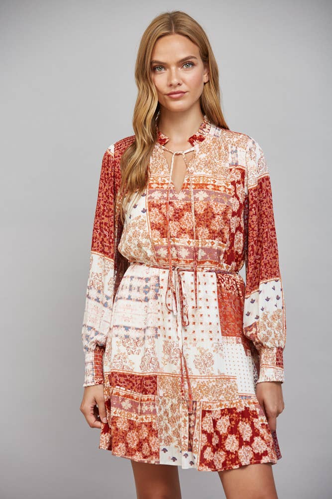Dione Patchwork Print Tie Waist Ruffle Hem Dress