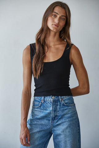 Tova Padded Ribbed Scoop Neck Tank - Black