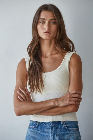 Tova Padded Ribbed Scoop Neck Tank - Cream