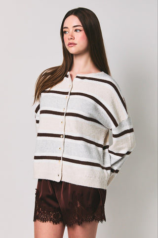 Caroline Striped Button Cardigan - Cream Multi Stripe