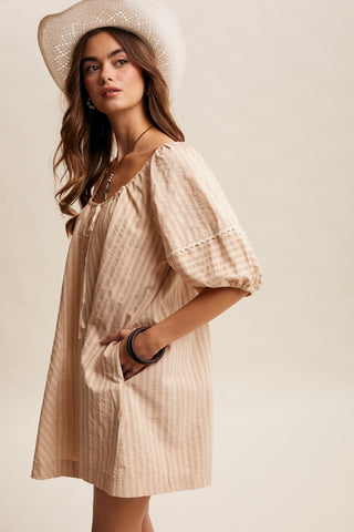 Rosalind Flowy Striped Tie Front Romper - Taupe