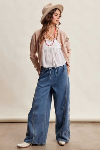 Ainsley Pointelle Rose Cardigan - Blush Beige