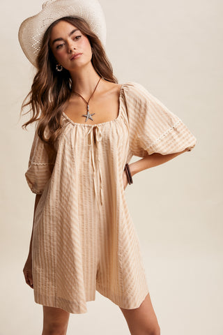 Rosalind Flowy Striped Tie Front Romper - Taupe