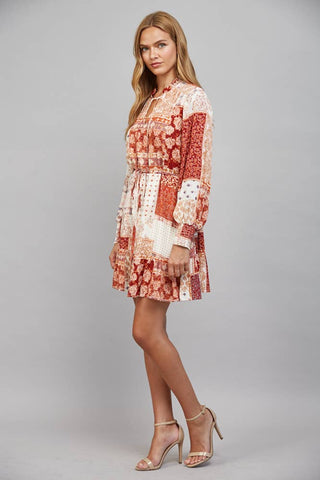 Dione Patchwork Print Tie Waist Ruffle Hem Dress - Rust Multi