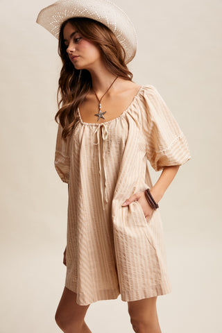 Rosalind Flowy Striped Tie Front Romper - Taupe