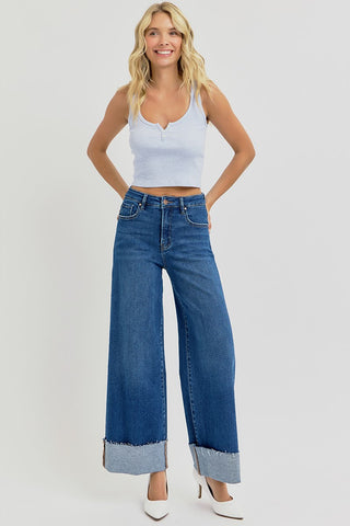 Jada Tummy Control Crop Wide Cuffed Jeans - Dark