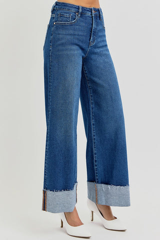 Jada Tummy Control Crop Wide Cuffed Jeans - Dark