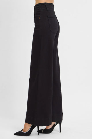 Penny High Rise Double Button Wide Pants - Black