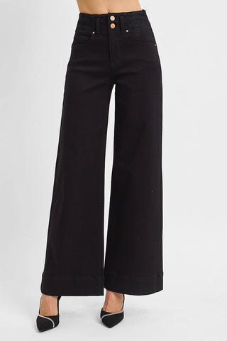 Penny High Rise Double Button Wide Pants - Black
