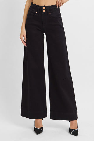 Penny High Rise Double Button Wide Pants - Black