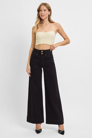 Penny High Rise Double Button Wide Pants - Black
