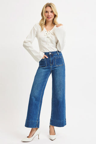 Joni High Rise Cropped Wide Patch Pocket Jeans - Dark
