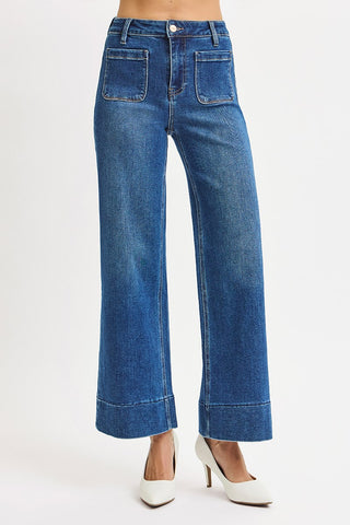 Joni High Rise Cropped Wide Patch Pocket Jeans - Dark