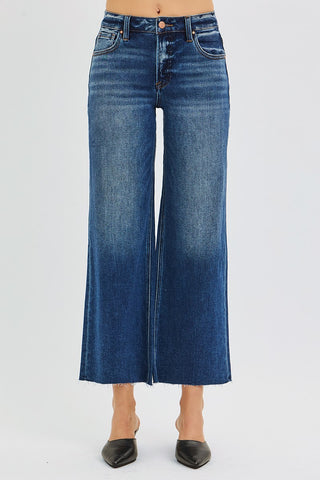 Juliana Mid Rise Crop Wide Raw Hem Jeans - Dark