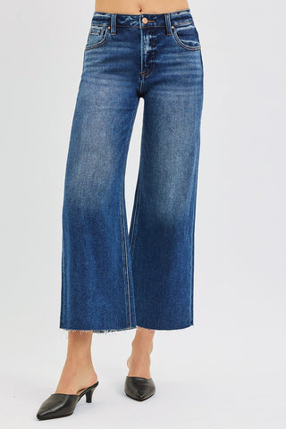 Juliana Mid Rise Crop Wide Raw Hem Jeans - Dark