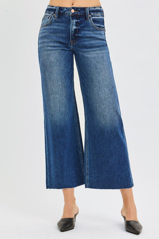 Juliana Mid Rise Crop Wide Raw Hem Jeans - Dark