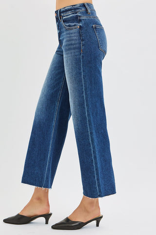 Juliana Mid Rise Crop Wide Raw Hem Jeans - Dark