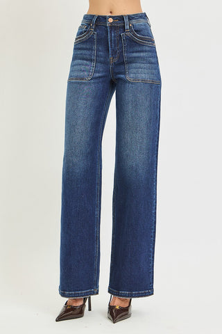 Jody High Rise Wide Leg Patch Pocket Jeans - Dark