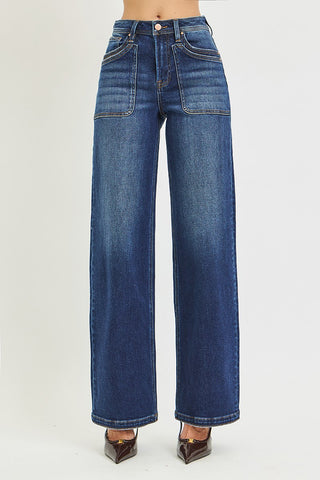 Jody High Rise Wide Leg Patch Pocket Jeans - Dark