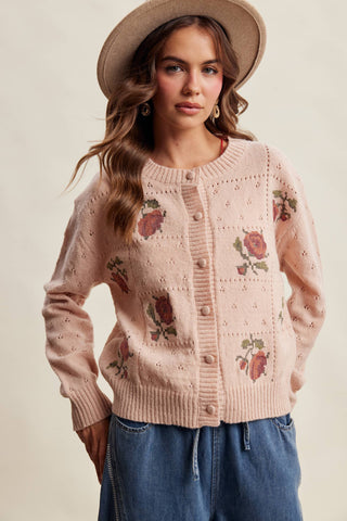 Ainsley Pointelle Rose Cardigan - Blush Beige