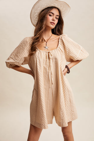 Rosalind Flowy Striped Tie Front Romper - Taupe