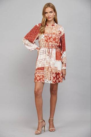 Dione Patchwork Print Tie Waist Ruffle Hem Dress - Rust Multi