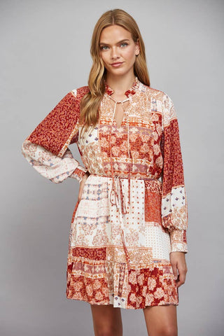 Dione Patchwork Print Tie Waist Ruffle Hem Dress - Rust Multi