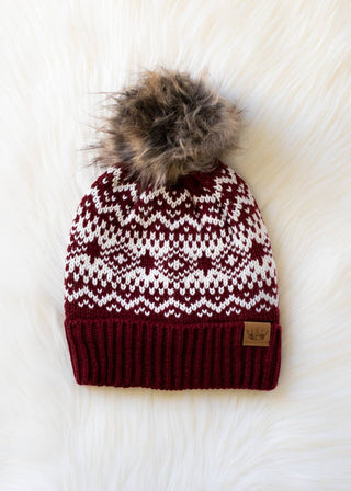 Burgundy & White Patterned Pom Hat