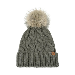 Birdie Cable Knit Faux Fur Pom Beanie - Dark Grey