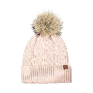 Bristol Cable Knit Faux Fur Pom Beanie - Rose