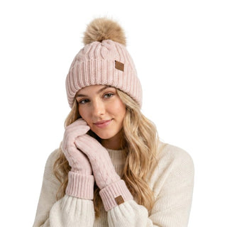 Bristol Cable Knit Faux Fur Pom Beanie - Rose