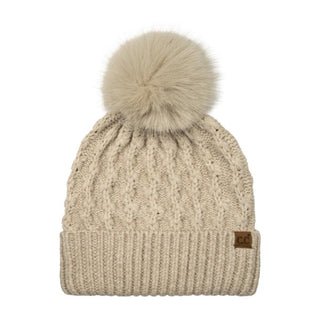 Brielle Cable Knit Faux Fur Pom Beanie - Taupe