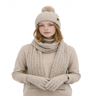 Brielle Cable Knit Faux Fur Pom Beanie - Taupe