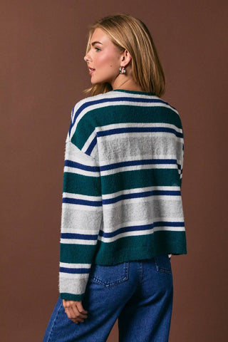 Caroline Striped Button Cardigan - Green Multi Stripe