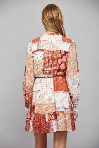 Dione Patchwork Print Tie Waist Ruffle Hem Dress - Rust Multi