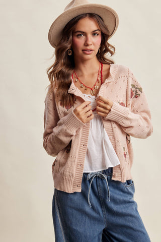 Ainsley Pointelle Rose Cardigan - Blush Beige