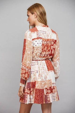 Dione Patchwork Print Tie Waist Ruffle Hem Dress - Rust Multi