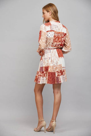 Dione Patchwork Print Tie Waist Ruffle Hem Dress - Rust Multi