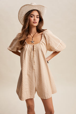 Rosalind Flowy Striped Tie Front Romper - Taupe