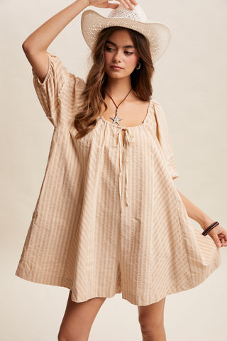 Rosalind Flowy Striped Tie Front Romper - Taupe
