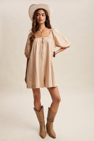 Rosalind Flowy Striped Tie Front Romper - Taupe