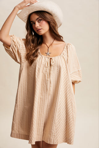 Rosalind Flowy Striped Tie Front Romper - Taupe