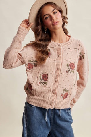 Ainsley Pointelle Rose Cardigan - Blush Beige