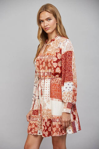 Dione Patchwork Print Tie Waist Ruffle Hem Dress - Rust Multi