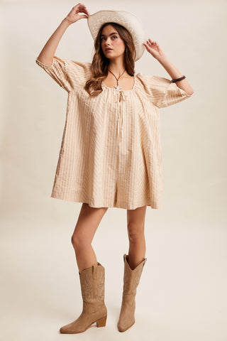 Rosalind Flowy Striped Tie Front Romper - Taupe