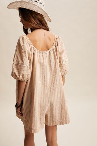 Rosalind Flowy Striped Tie Front Romper - Taupe
