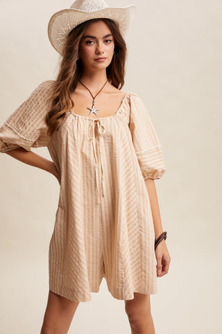 Rosalind Flowy Striped Tie Front Romper - Taupe